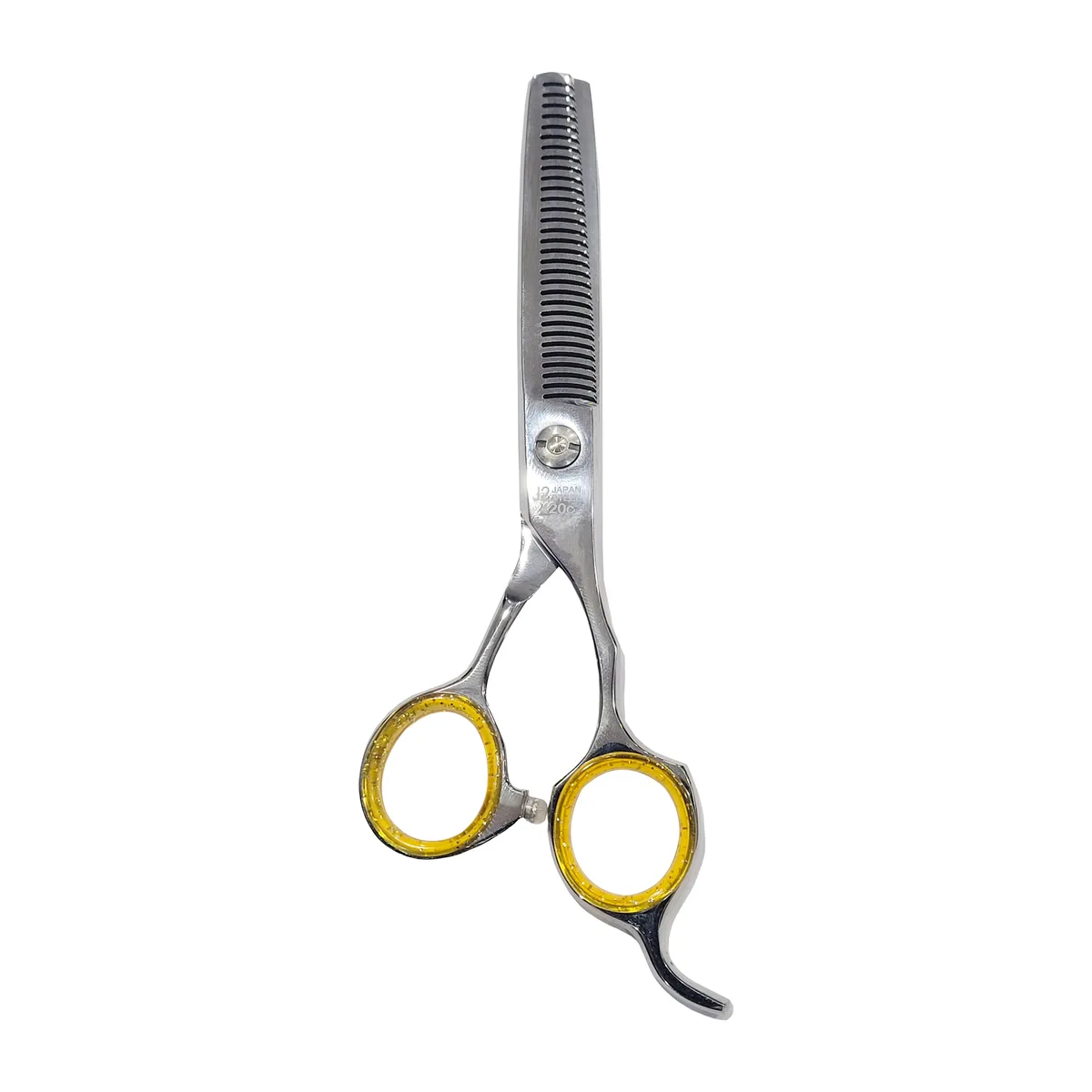 Silver hair thinning scissors with broad serrated blade, offset ergonomic handles, 6.5 inch length