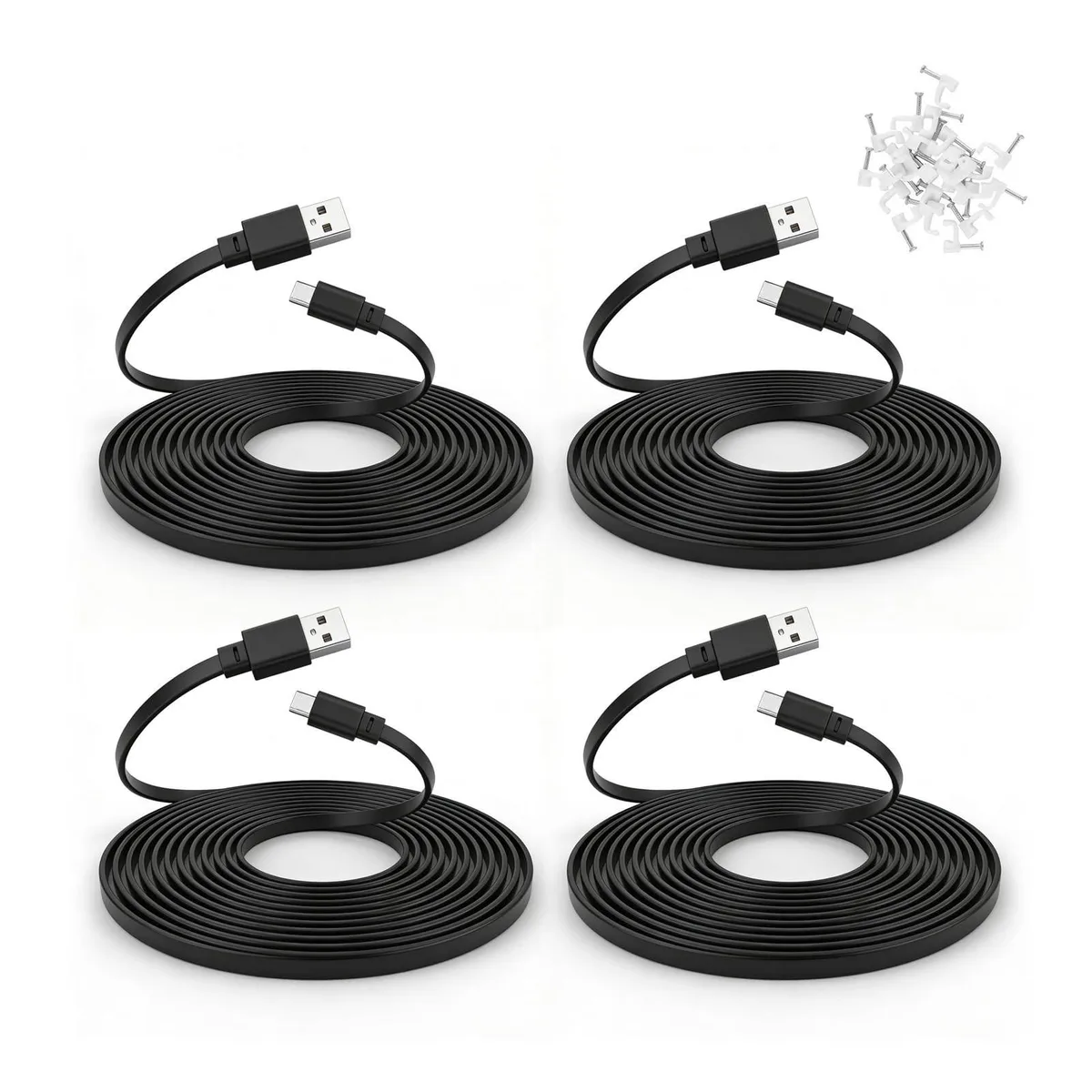 Four flat black USB-A to USB-C cables coiled with wire clips