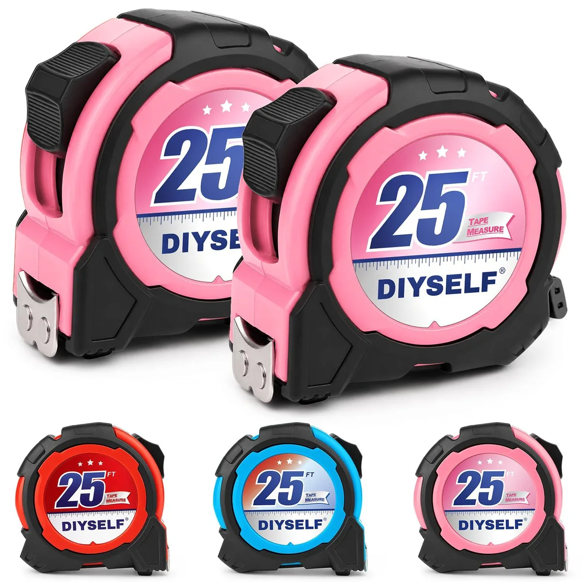Two pink retractable tape measures with magnetic hooks and belt clips