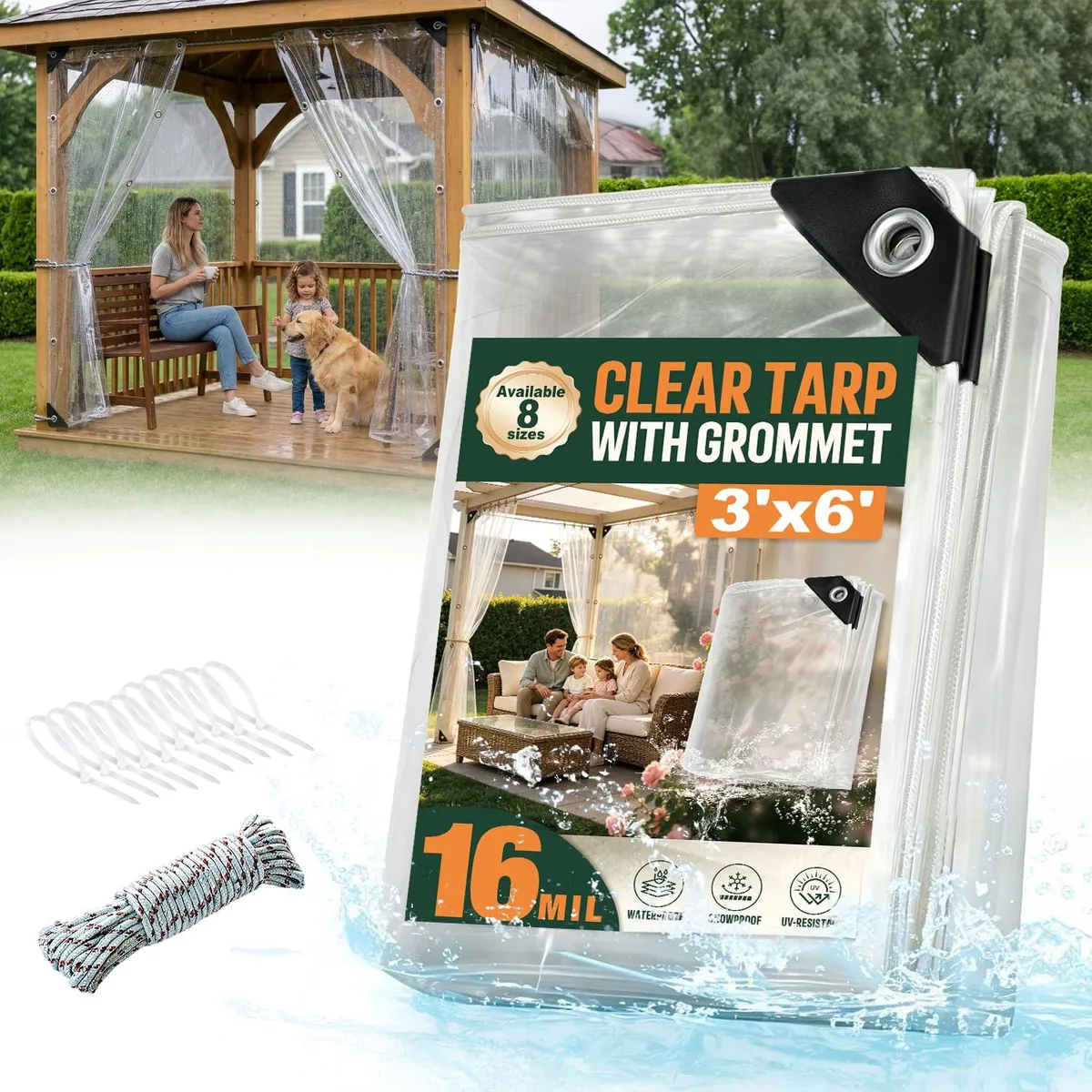 Clear 16 mil PVC vinyl tarp with reinforced corners and aluminum grommets