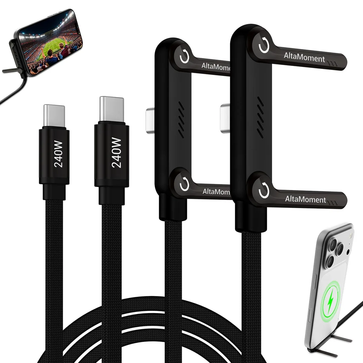Orange braided USB-C charging cable with foldable metal stand and right-angle connector