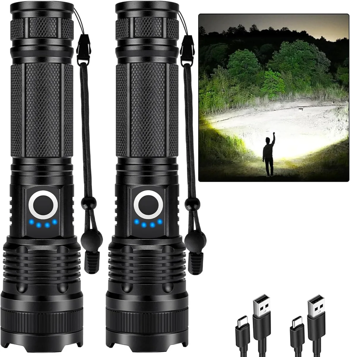 Two compact aluminium flashlights with textured grips, USB ports and four LED power indicators