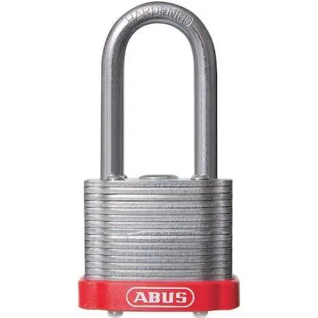 Red laminated steel padlock with 2 in hardened steel shackle