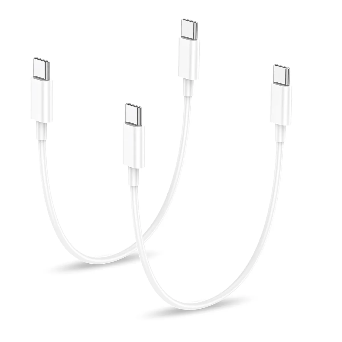 White USB-C to USB-C cable with reinforced connectors, one foot long