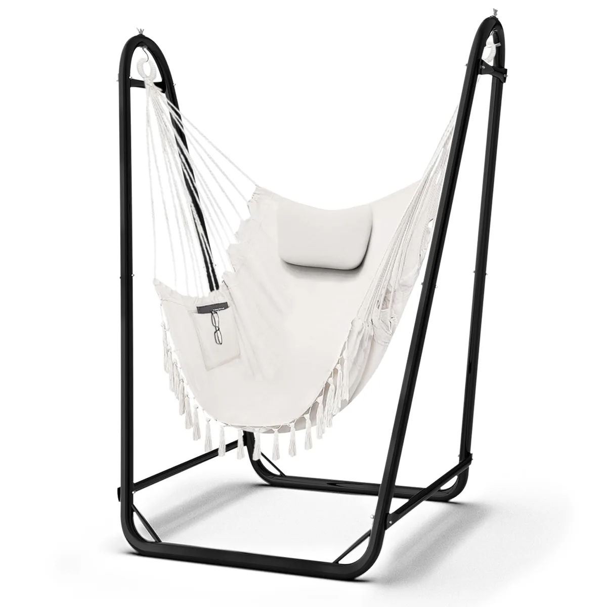 Freestanding U-frame hammock chair with cotton seat and side pocket