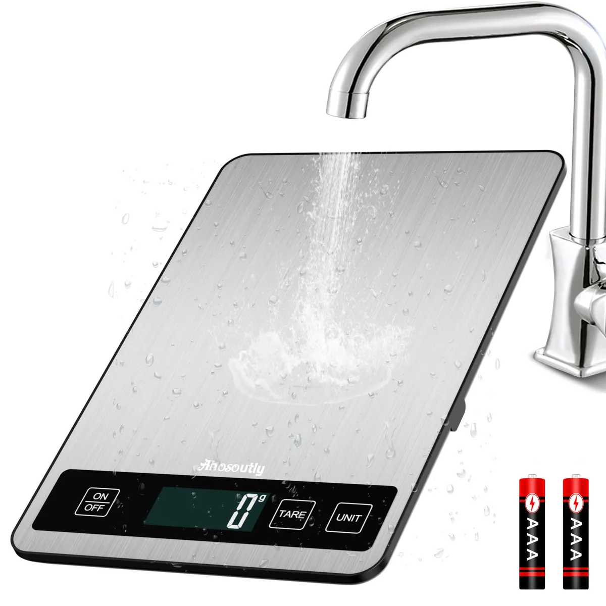 Yellow digital kitchen scale with stainless steel platform and LCD display