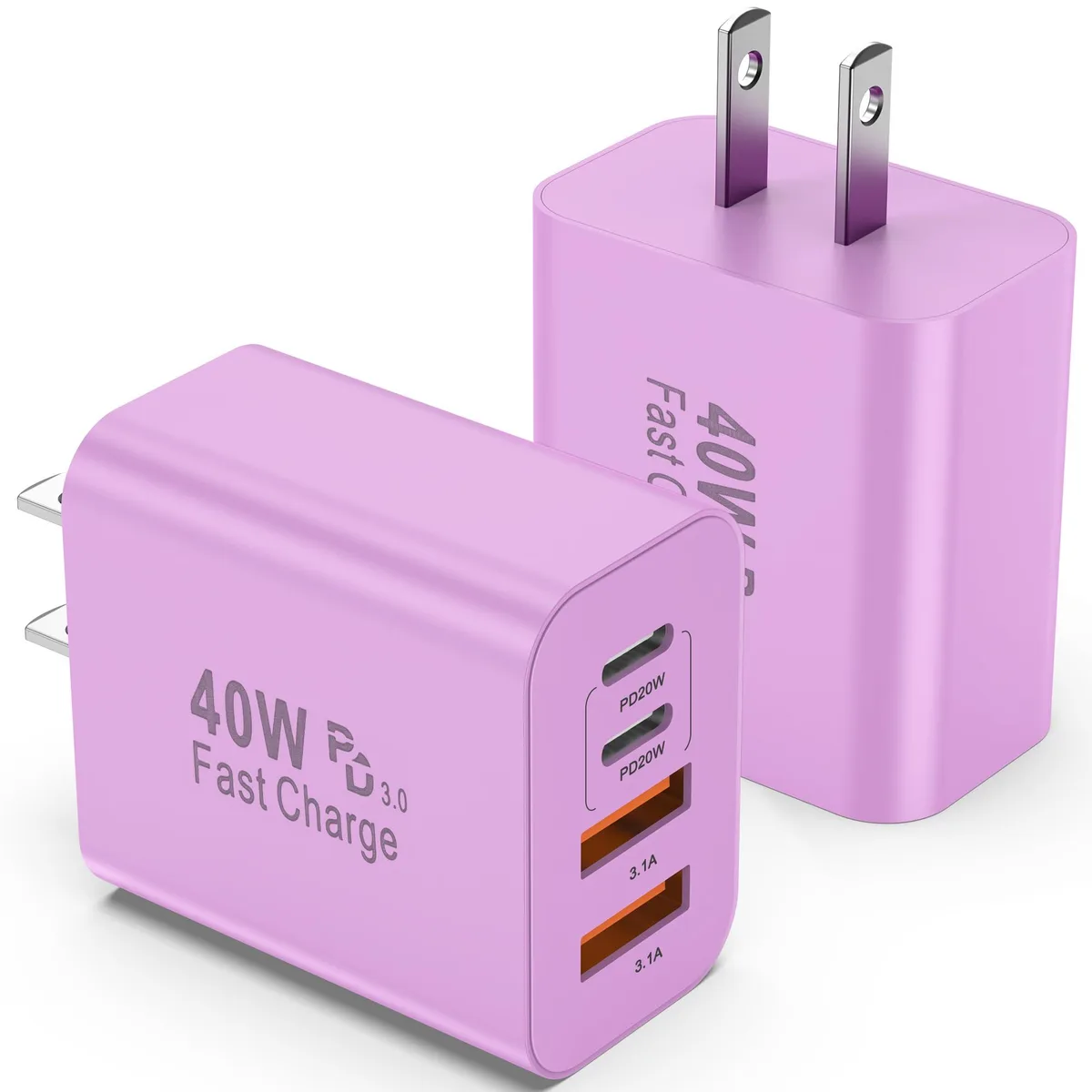 Two purple four-port USB-C wall chargers side by side