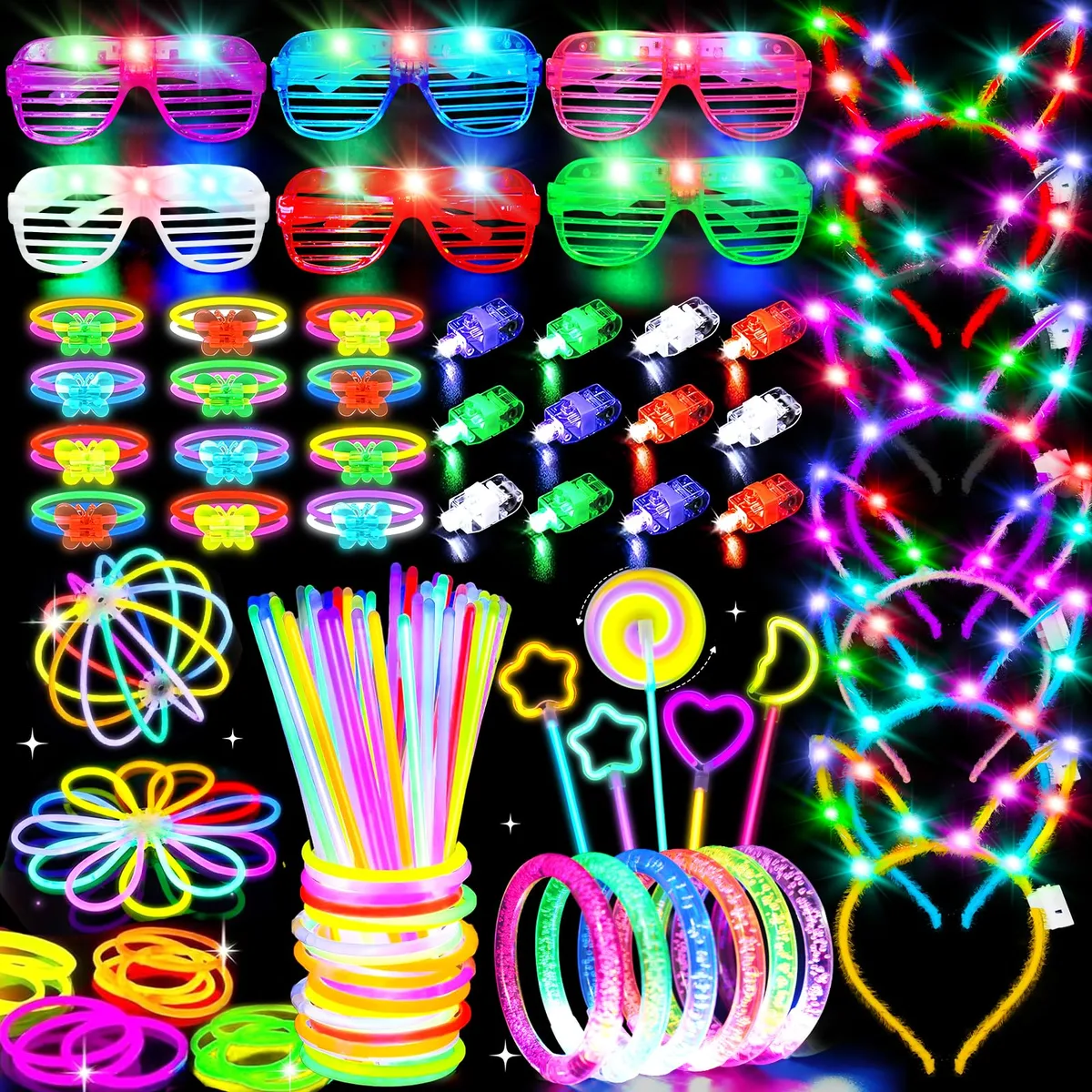 156pcs Glow in the Dark Party Pack with 100 Sticks and LED Accessories — product photo