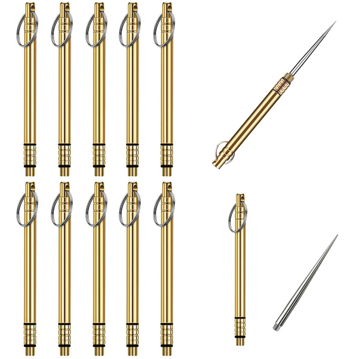 Ten silver metal toothpick holders with bamboo picks, 10.5 cm long