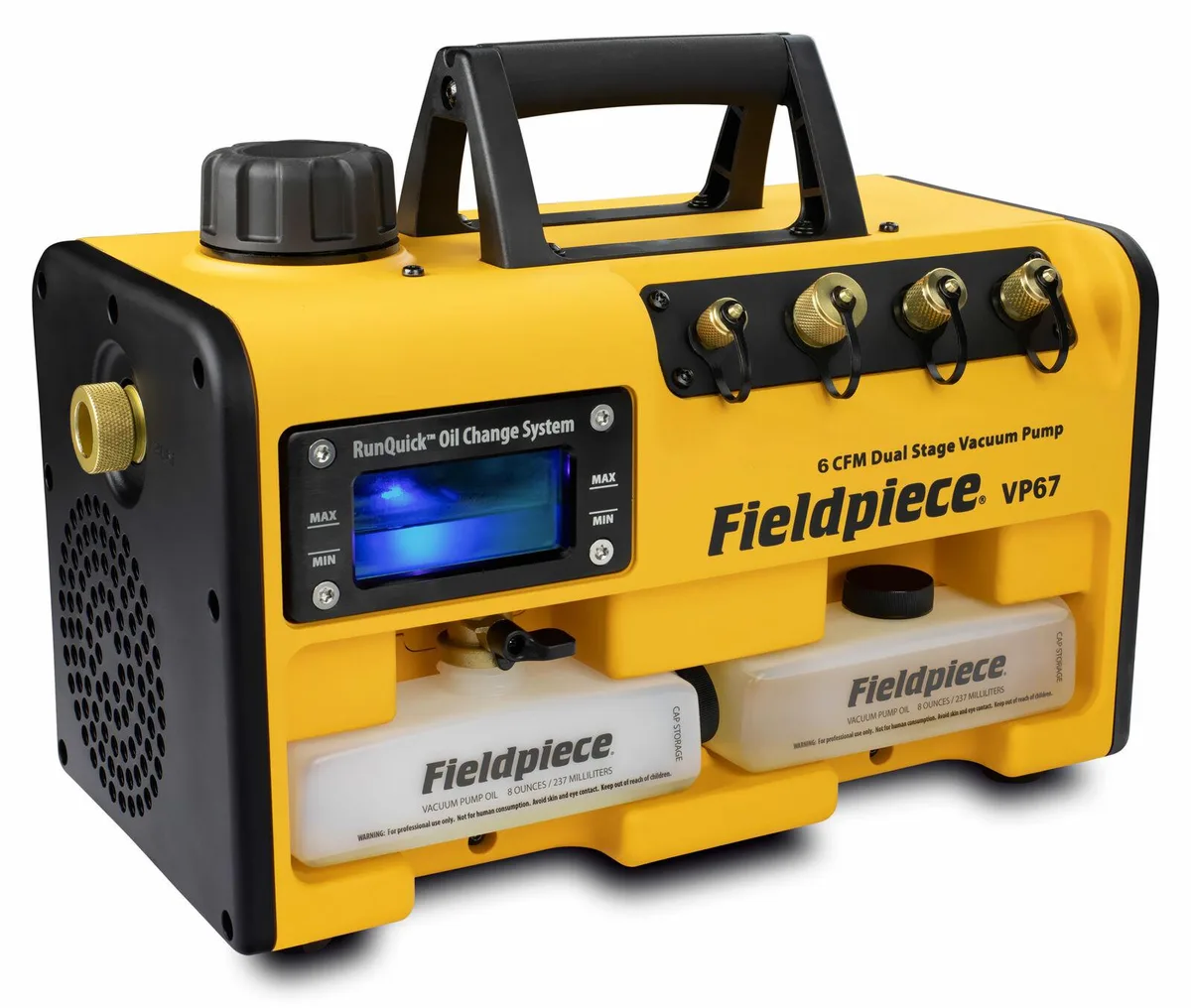 Yellow portable vacuum pump with four inline intake ports and back-lit oil reservoir
