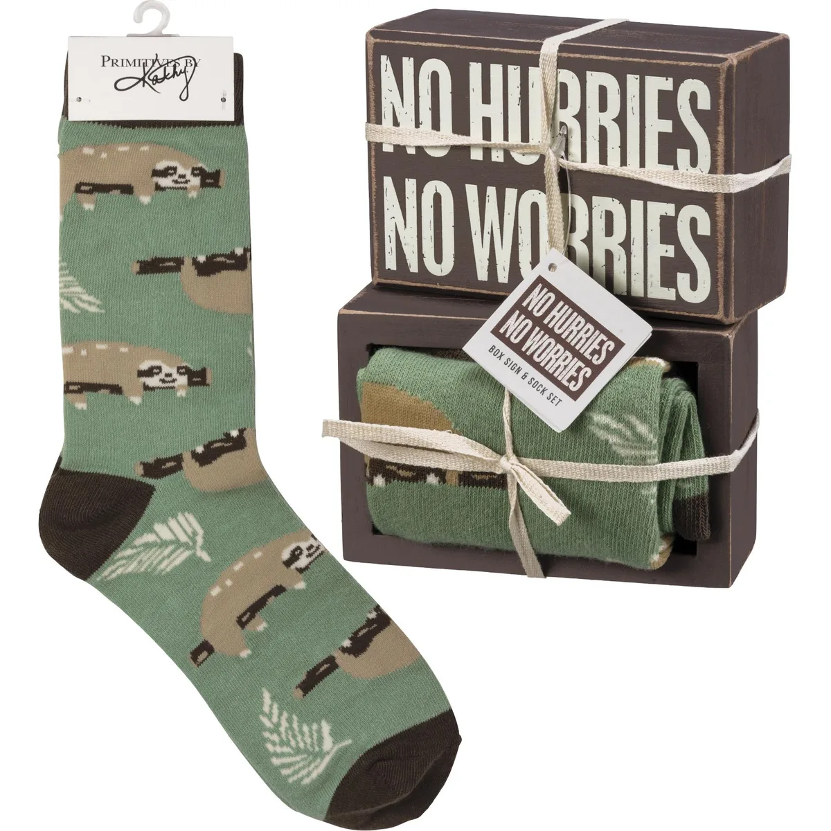 Primitives By Kathy Primitives By Kathy Box Sign &amp; Socks Set Sloth No Hurries No Worries — product photo
