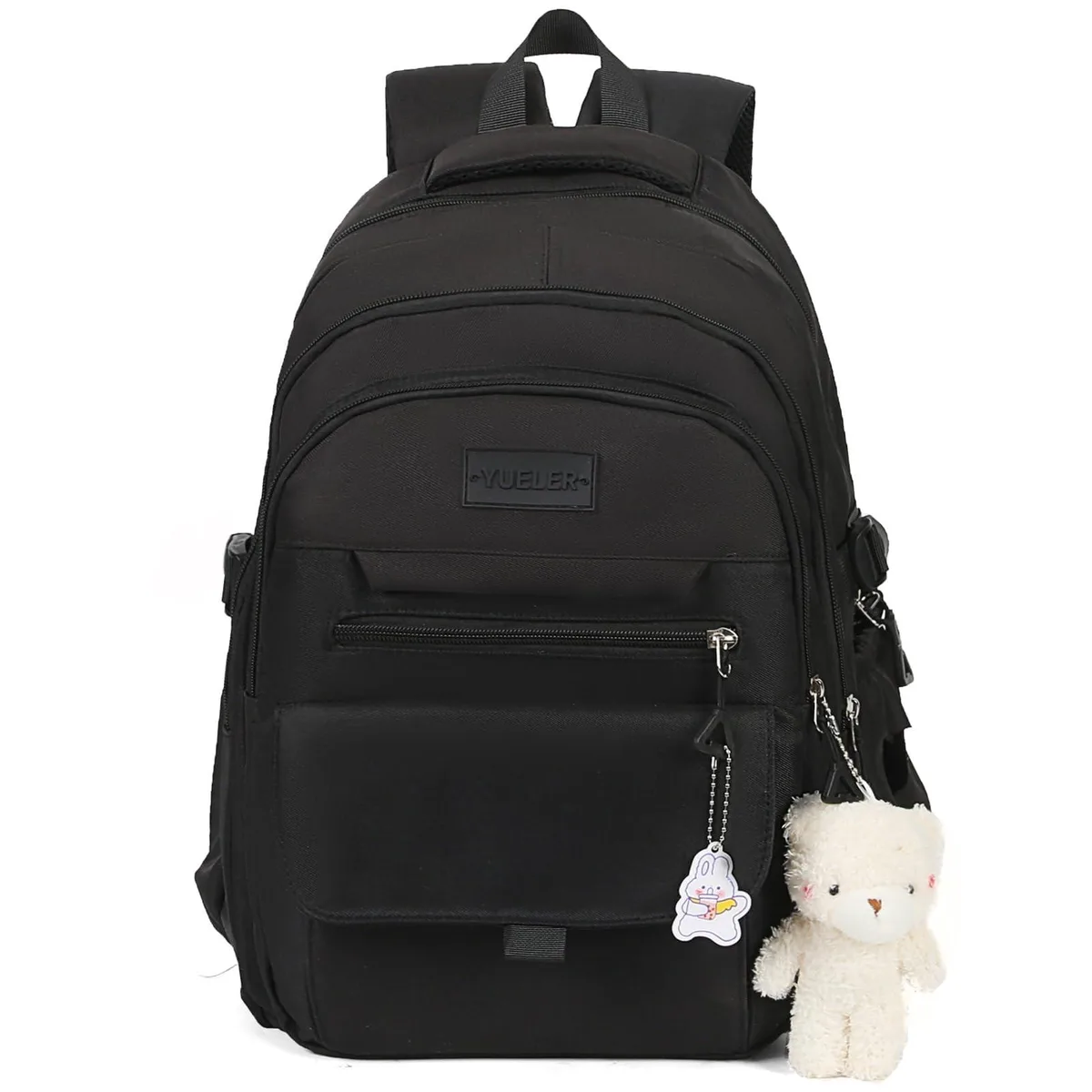 Black 17-inch polyester daypack with 12.1-inch laptop compartment, water-resistant finish, adjustable straps, solid colour