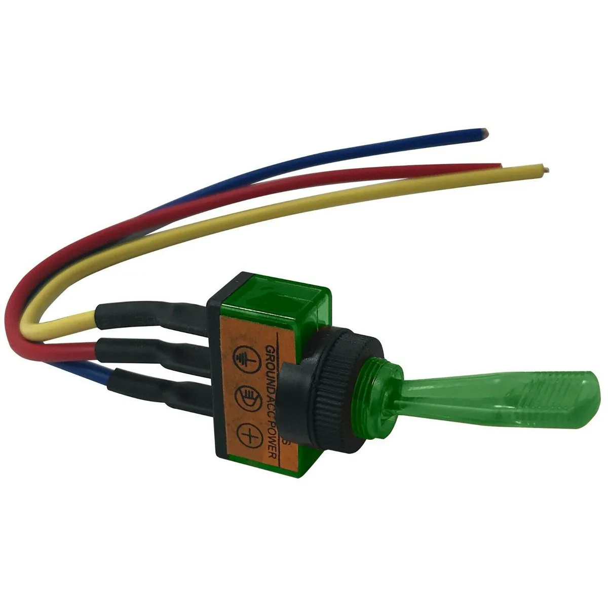 Five green illuminated toggle switches with six inch wires in a clear bag