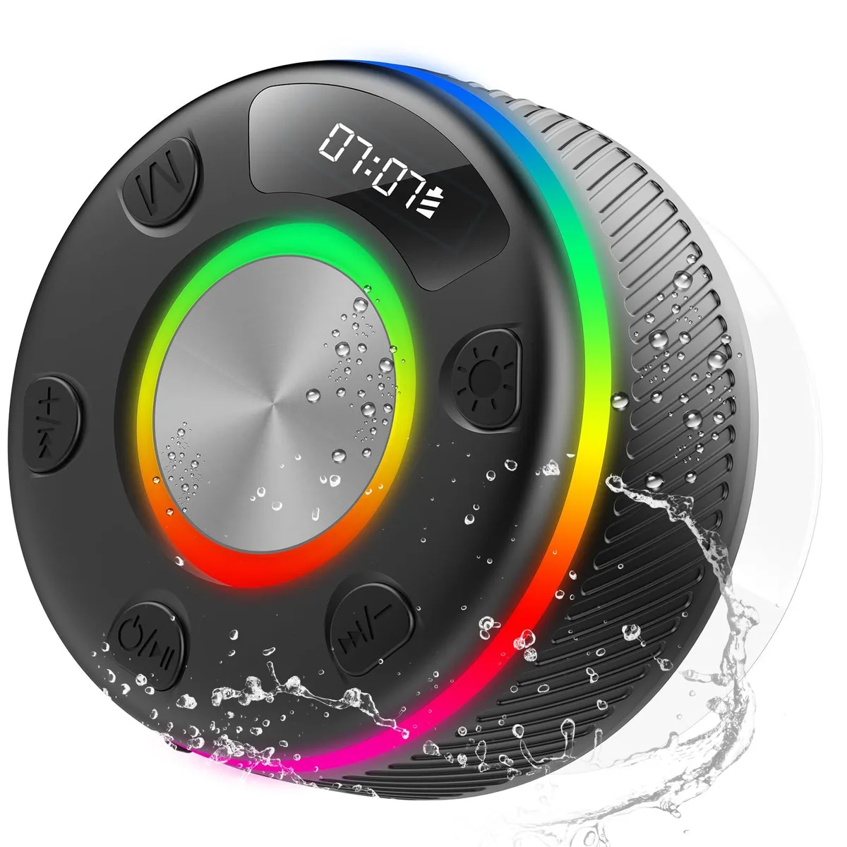 Black square portable speaker 120 by 120 by 25 mm with suction cup and LED display