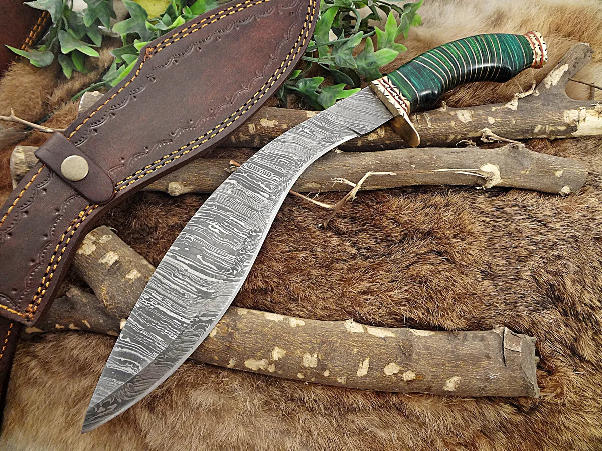 Damascus Depot Damascus Depot Kukri Knife 15 Inches 10 Inch Blade Green Wood Brass Scale — product photo