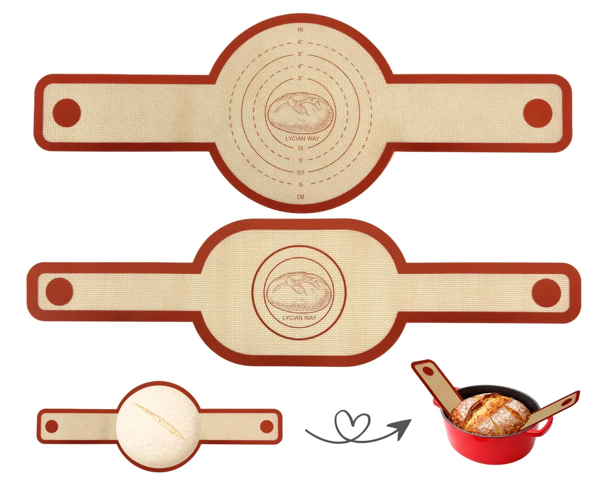 Two red silicone bread slings with long handles and checkered pattern