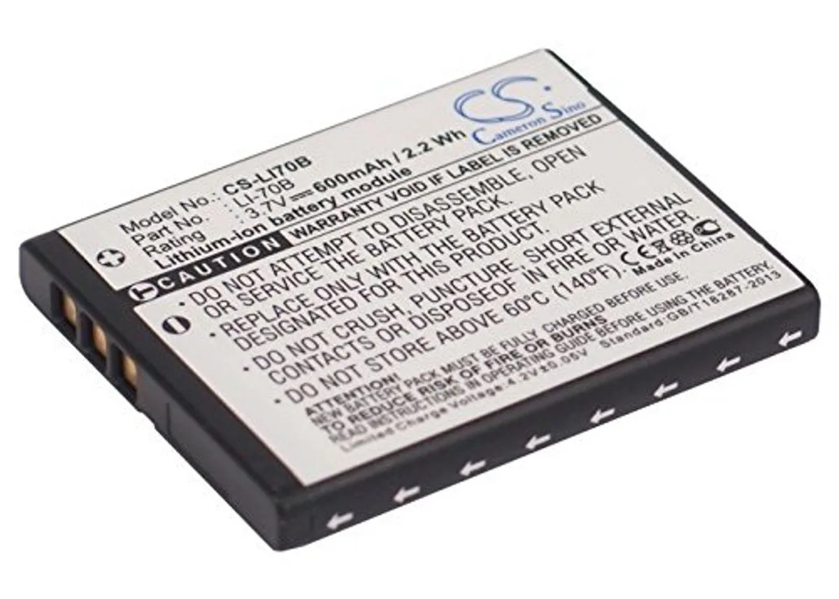 Small rectangular lithium-ion camera battery, dark grey plastic casing, gold contacts visible