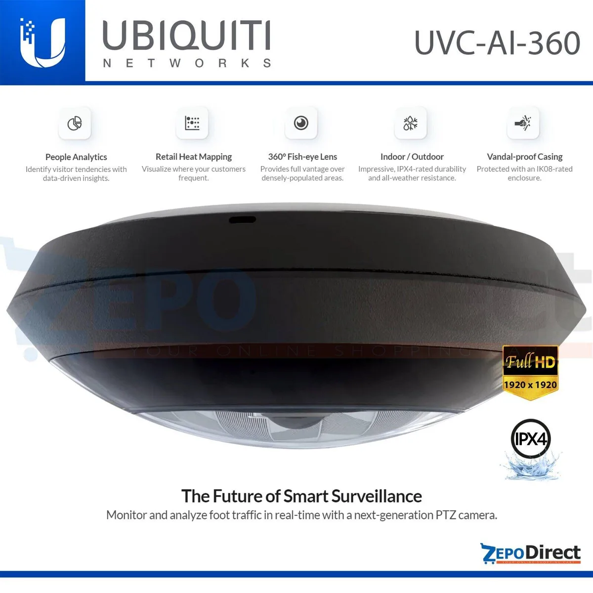 Ubiquiti Networks Ubiquiti Networks UniFi Protect AI 360 IPX4 PoE Security Camera 1920x1920 30FPS 5MP 360° Fisheye — product photo