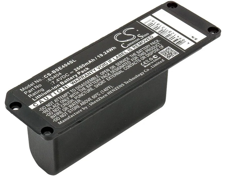 Small rectangular battery pack with smooth dark casing and metal contacts