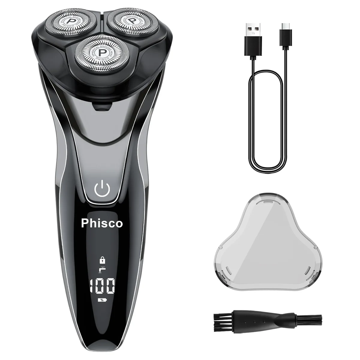 Black cordless electric shaver with pivoting head and pop-up trimmer