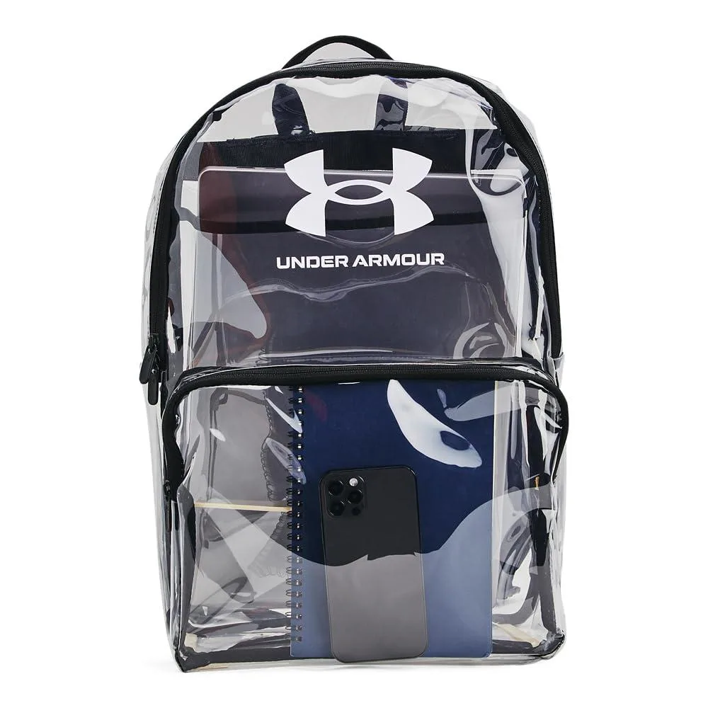 Clear plastic backpack with black trim, padded straps, front zip pocket and top handle
