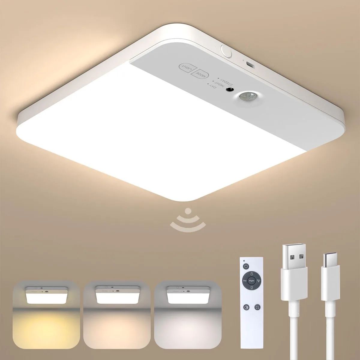 White round magnetic LED ceiling light with frosted cover, remote control and USB-C cable