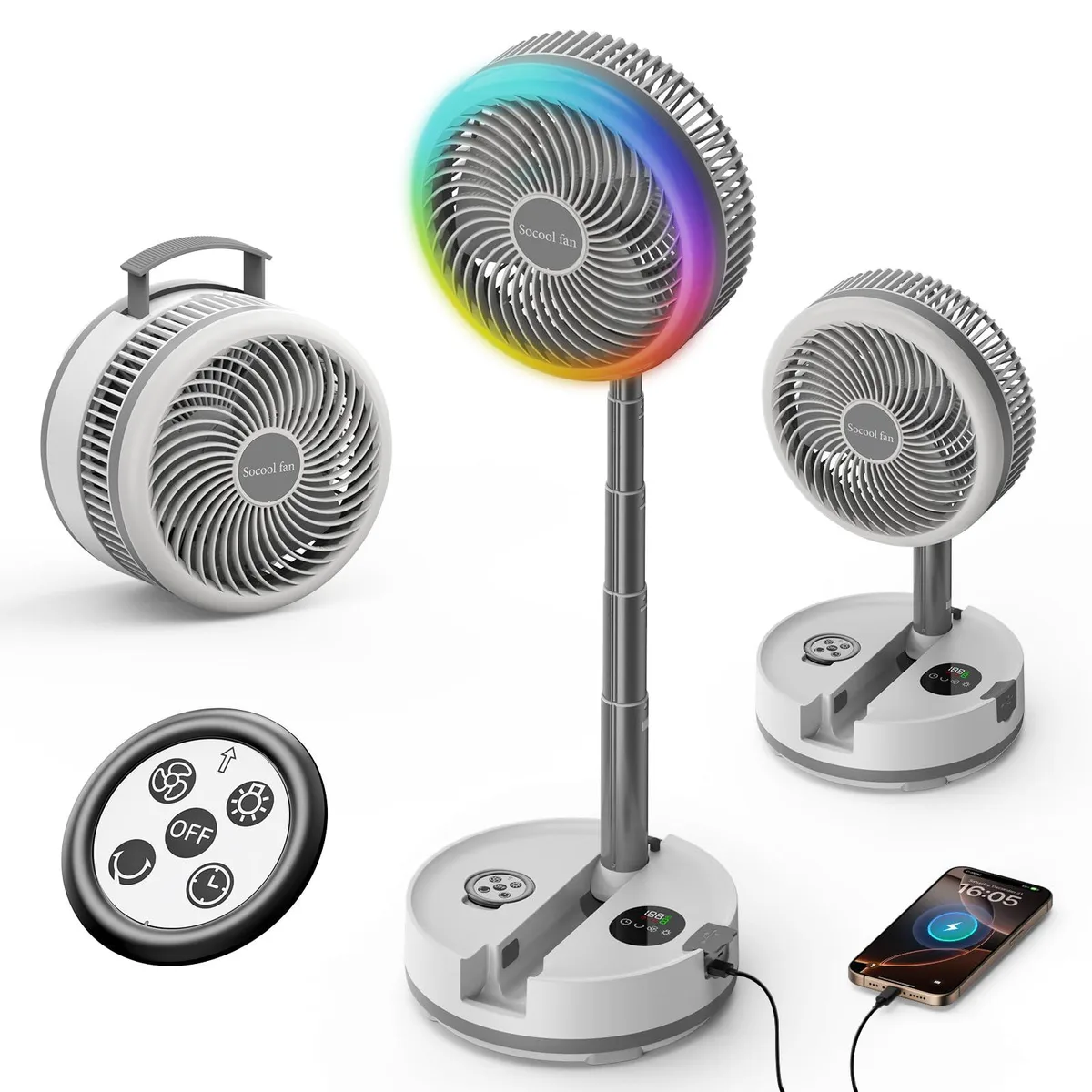 White foldable floor fan with telescopic stem, 10-inch blades, LED light, remote control, compact base