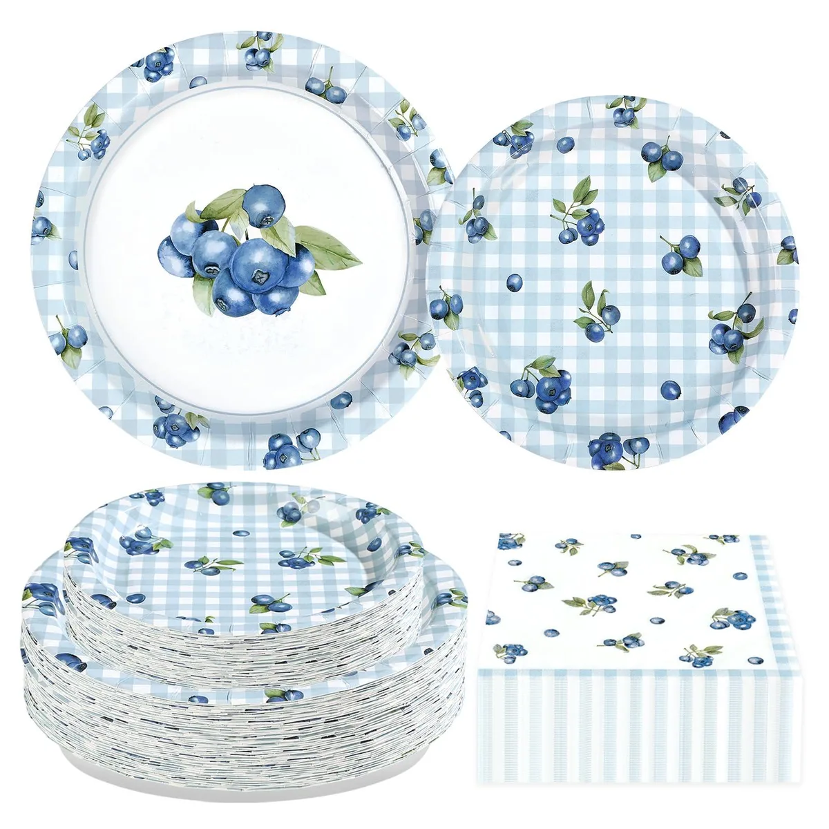 Square disposable plates and napkins in blueberry and gingham prints, white ceramic-look finish