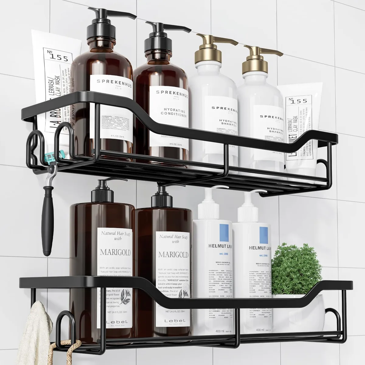 Two black stainless steel wall shelves with adhesive strips and hooks, 11.4 by 4 by 2.1 inches