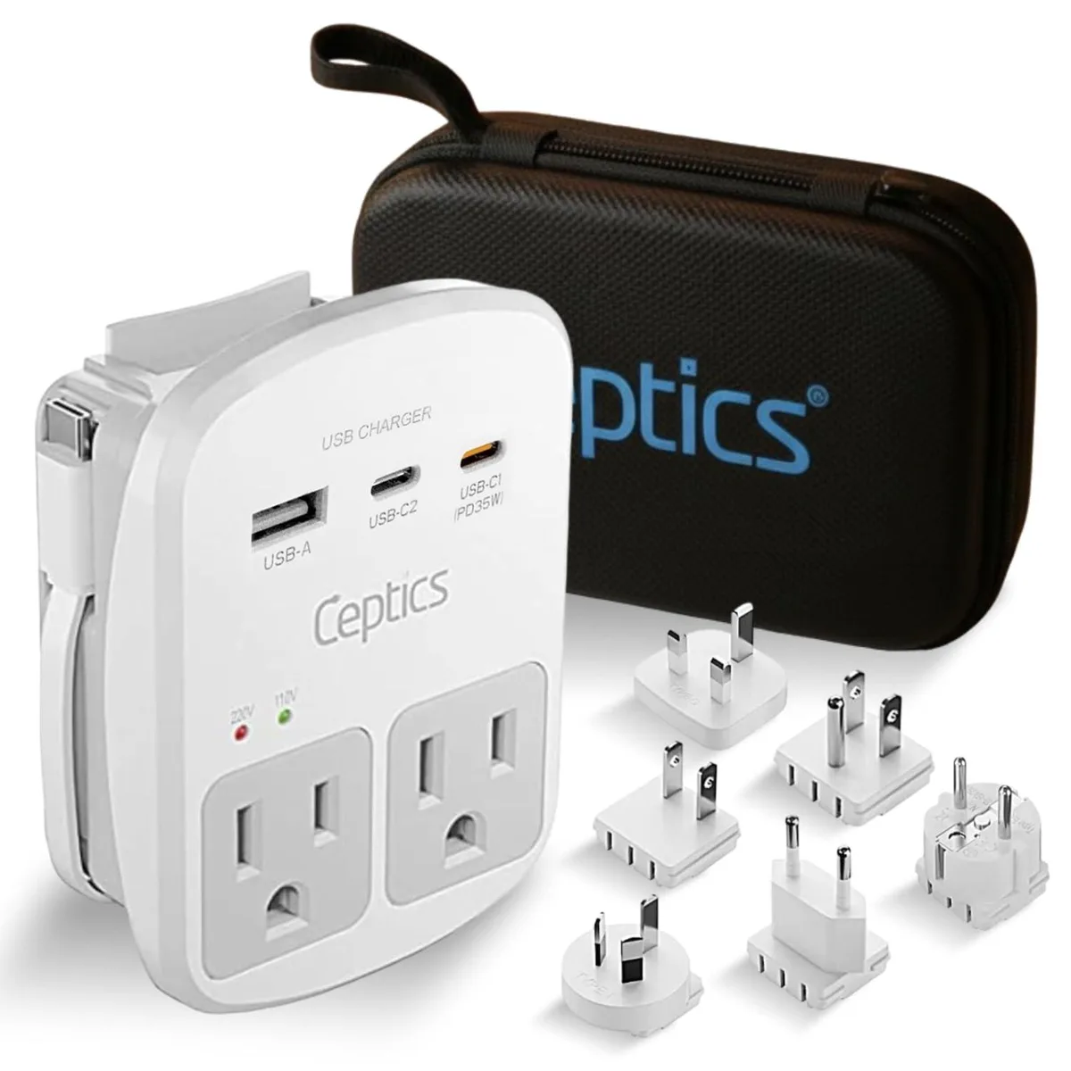 Beige rectangular travel adapter with two US sockets, USB-A and USB-C ports, and six interchangeable plug attachments