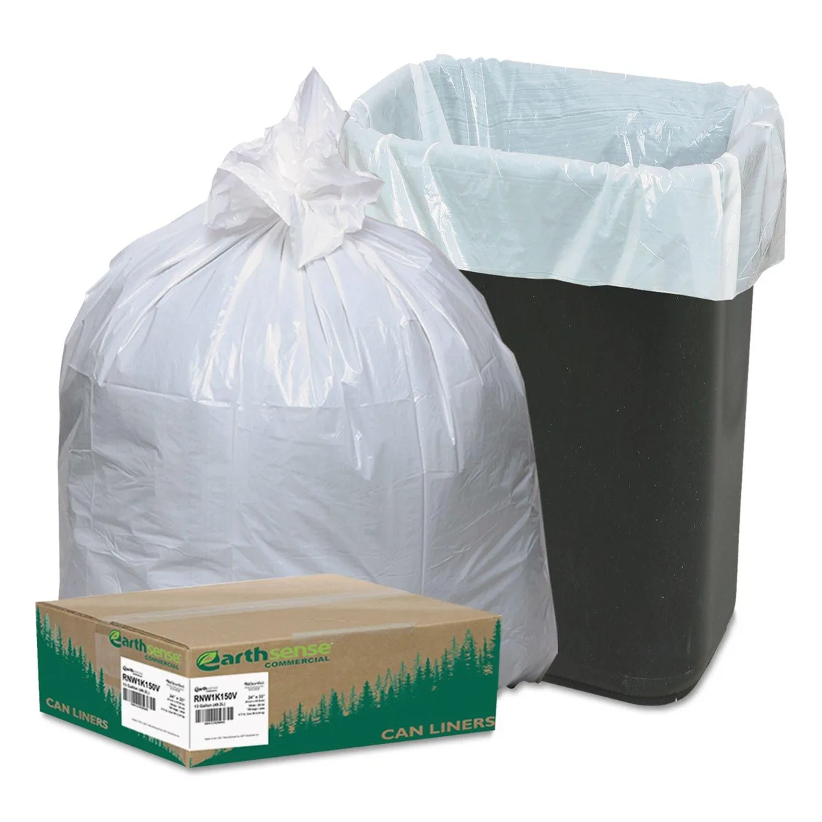  Earthsense Commercial Heavy-Duty Reclaim Recycled White Can Liners 13 gal 24" x 33" .85 mil 150 Count — product photo