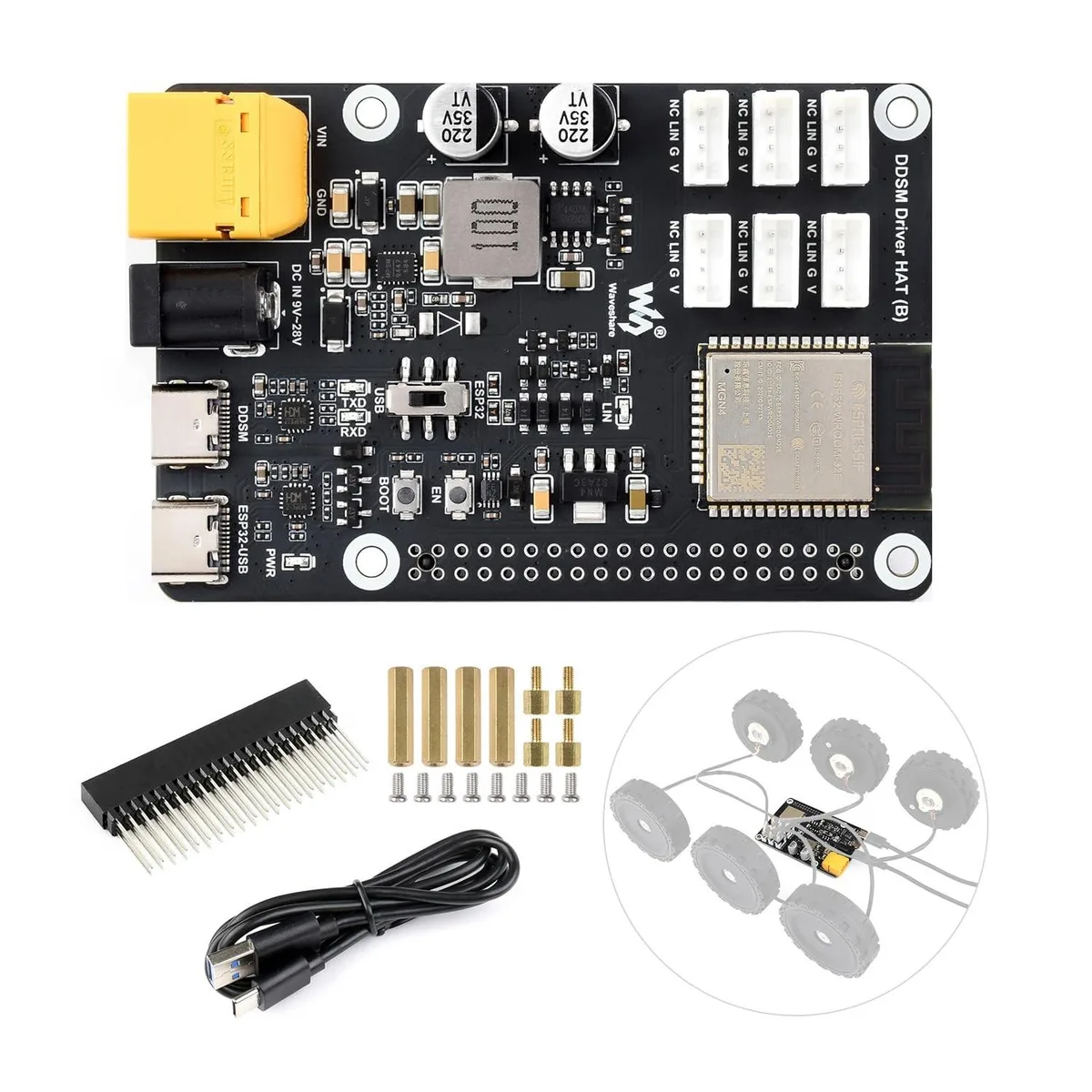 Green rectangular circuit board with ESP32 module and six motor connectors