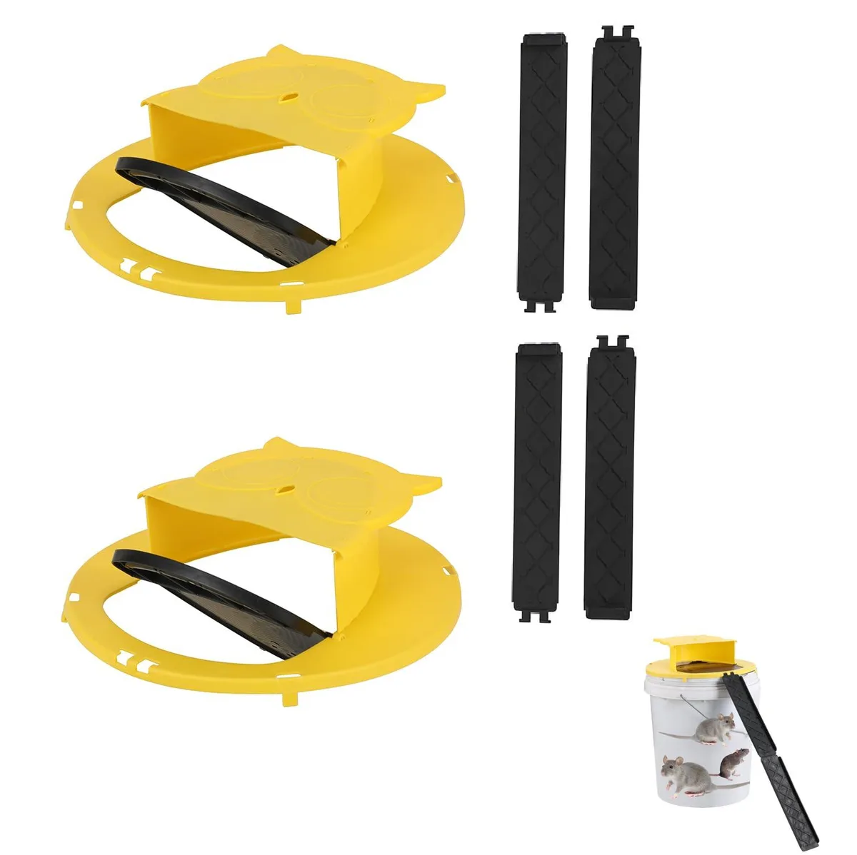 Two plastic bucket lids with auto-reset trap doors, 2-pack