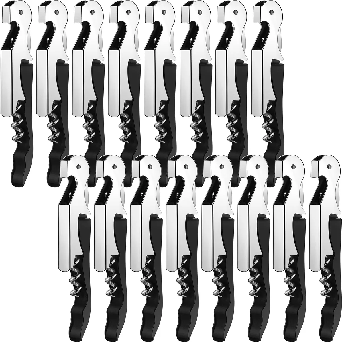 Sixteen folded black metal waiter corkscrews lying flat