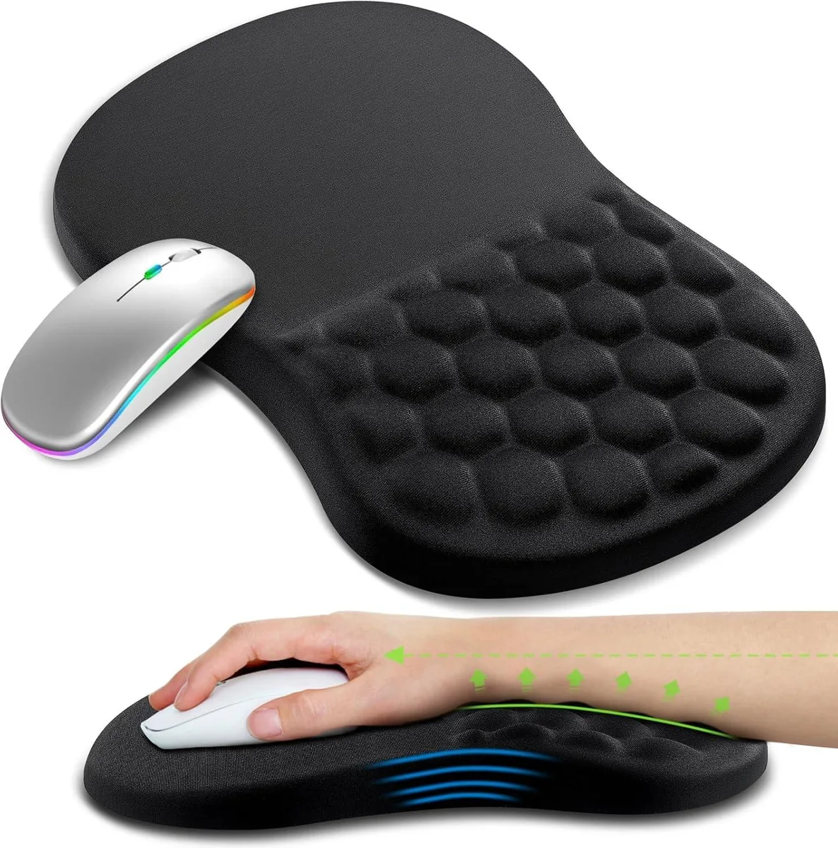 Large black mouse pad with raised ergonomic wrist rest and textured fabric surface