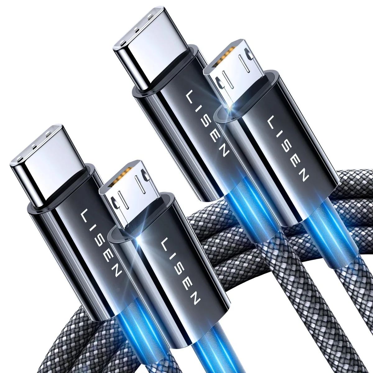 Two orange nylon-braided USB-C to Micro USB cables, 3.3ft each