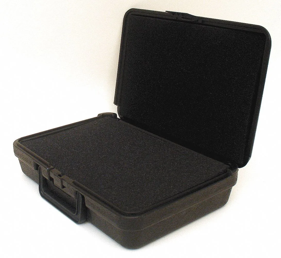 Black plastic protective case with folding handle and single latch, 12x8x3 inches