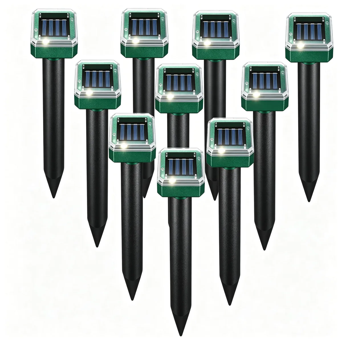 Ten solar-powered ultrasonic pest repeller stakes in a pack