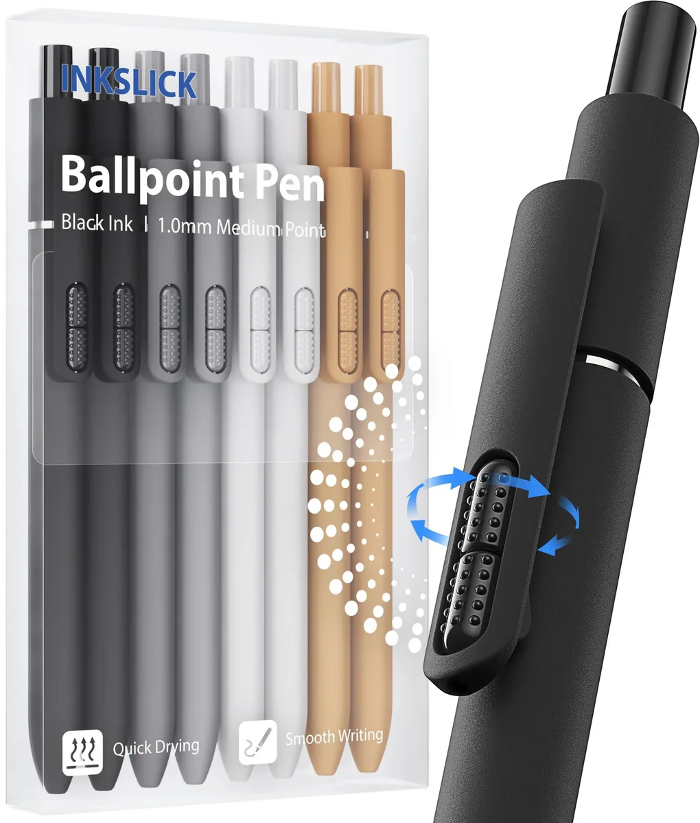 Eight blue leather-finish ballpoint pens with pocket clips