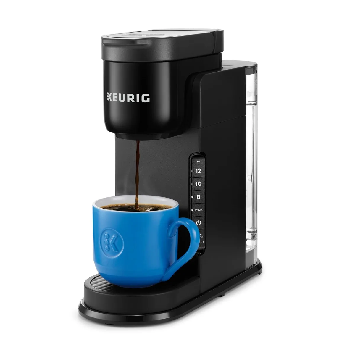 Compact black single-serve coffee brewer with removable 42oz reservoir and button controls