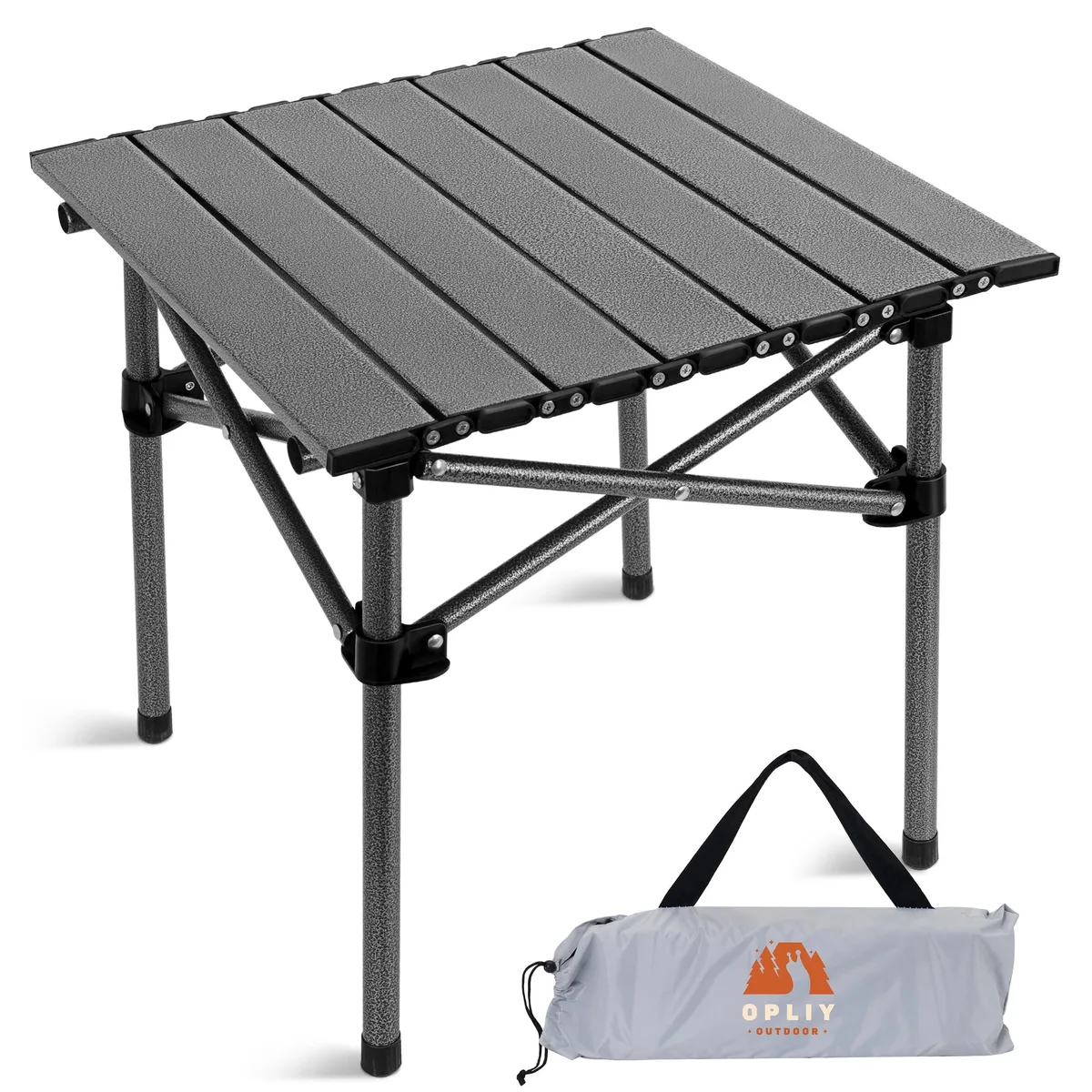 Black folding camping table with X-frame legs and carry bag, 16.5 inch square top, lightweight carbon steel construction