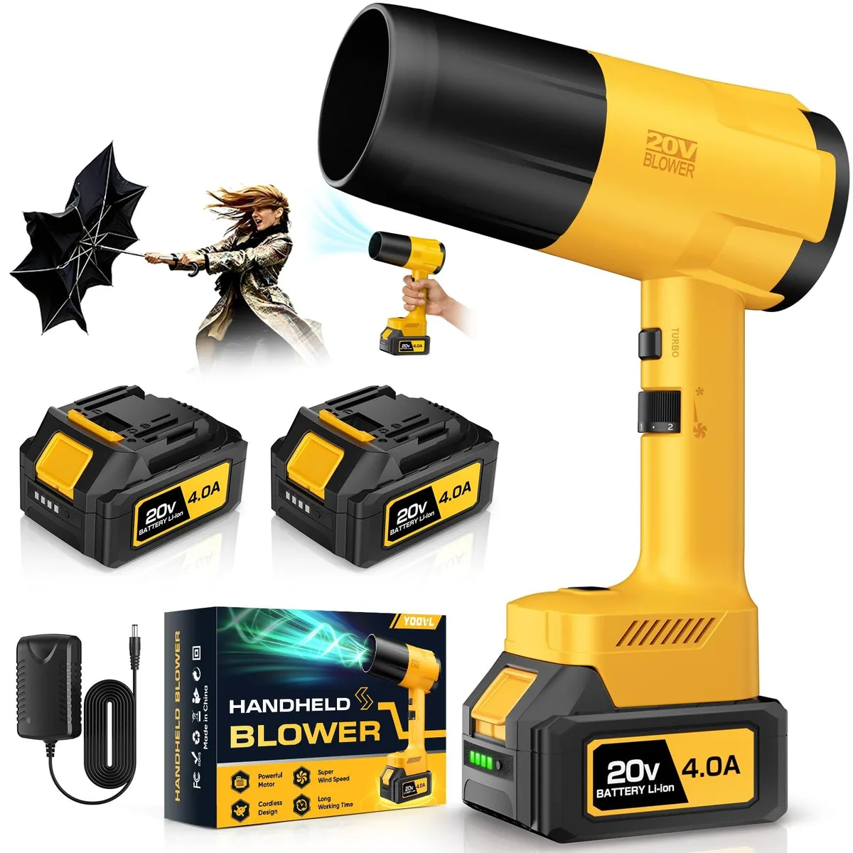  YOOVL Leaf Blower Cordless 2x 4.0Ah Battery Yellow — product photo