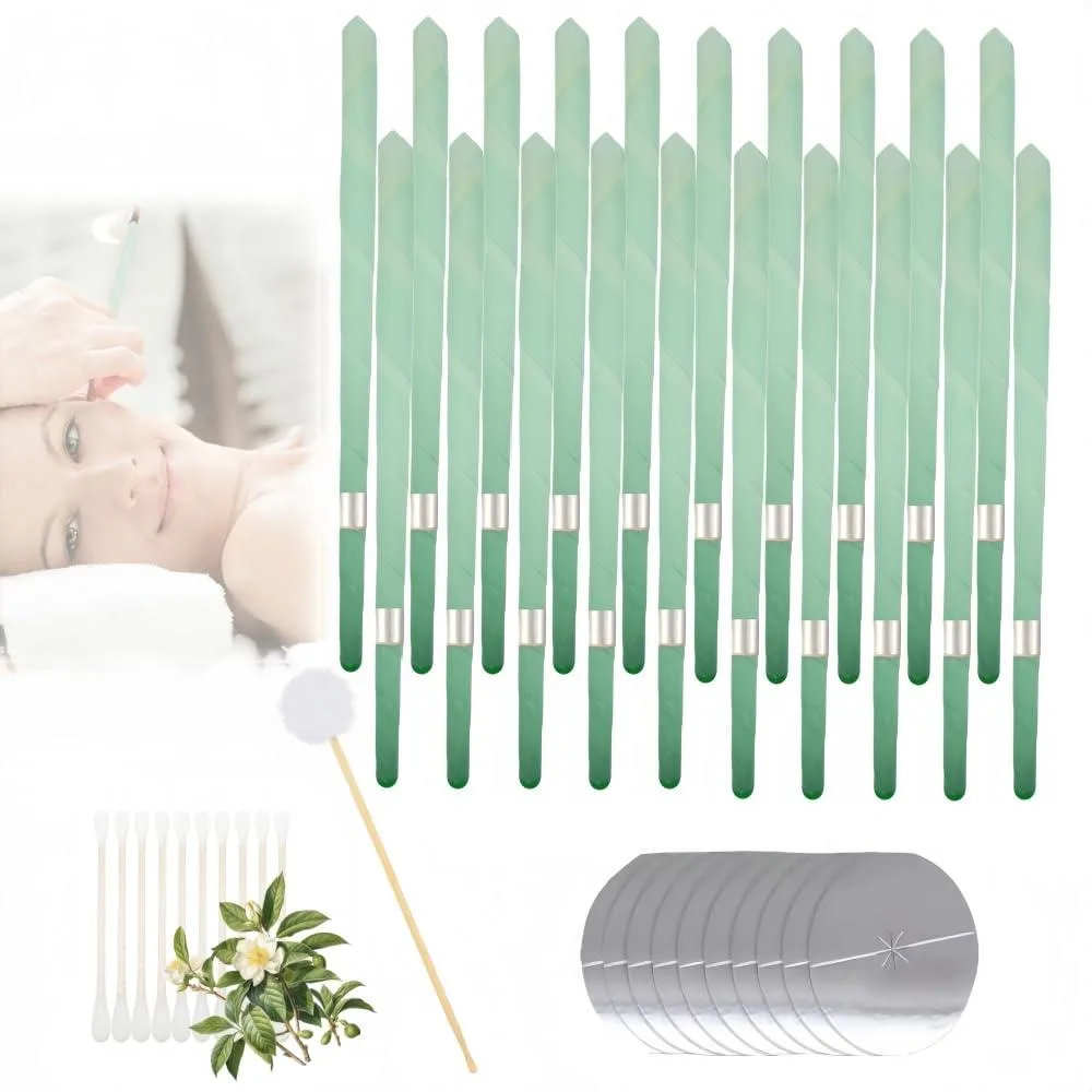 Green 20-piece ear wax removal kit with metal picks, cotton swabs, and storage case