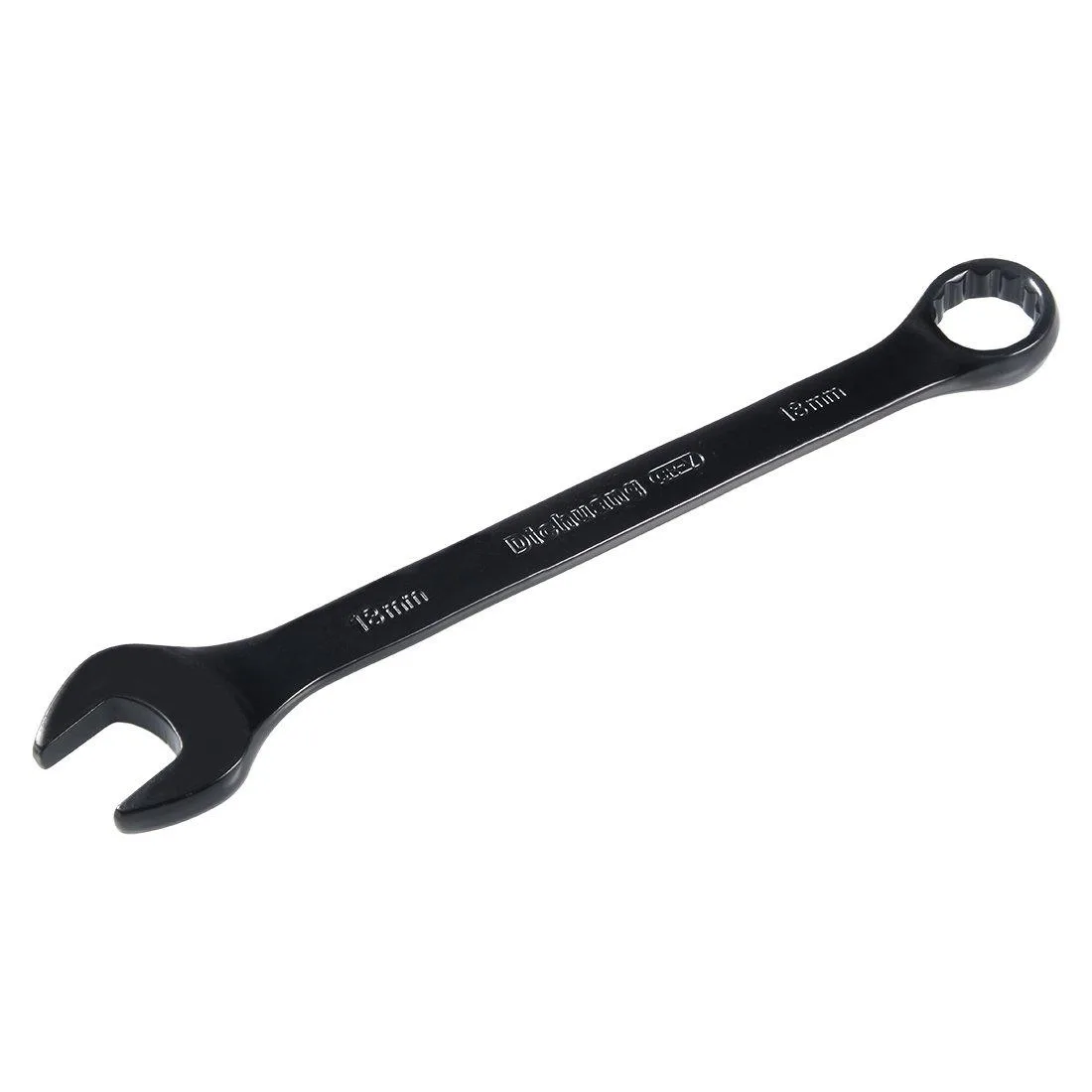 Black 18 mm combination wrench with open and 12-point box ends, 220 mm long