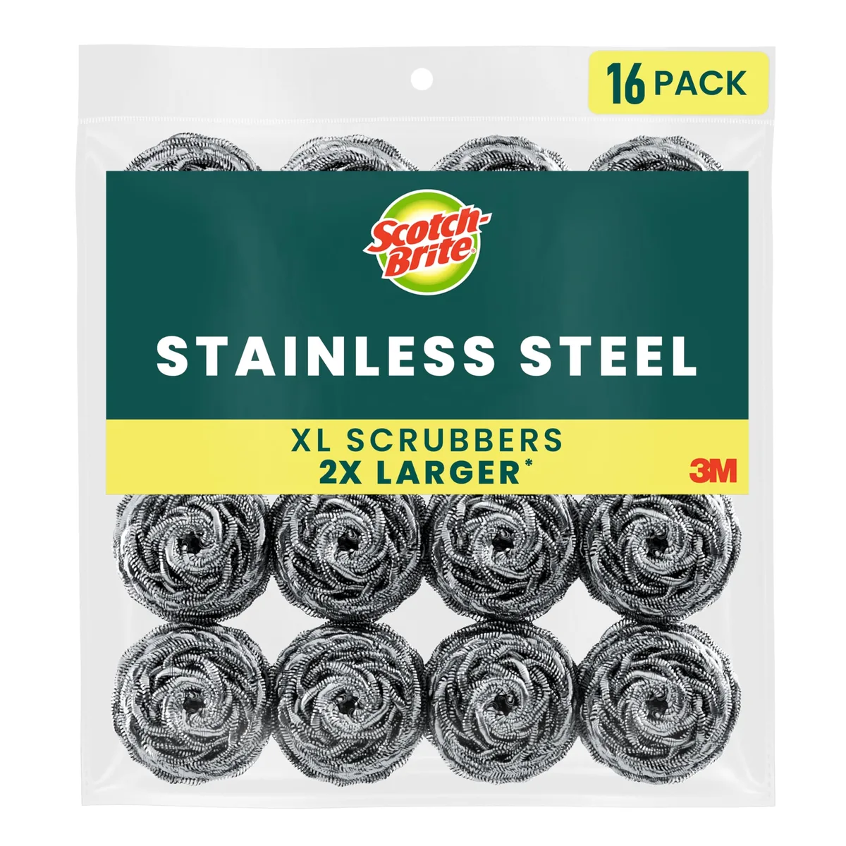 Sixteen stainless steel scrubbers in a rectangular pack