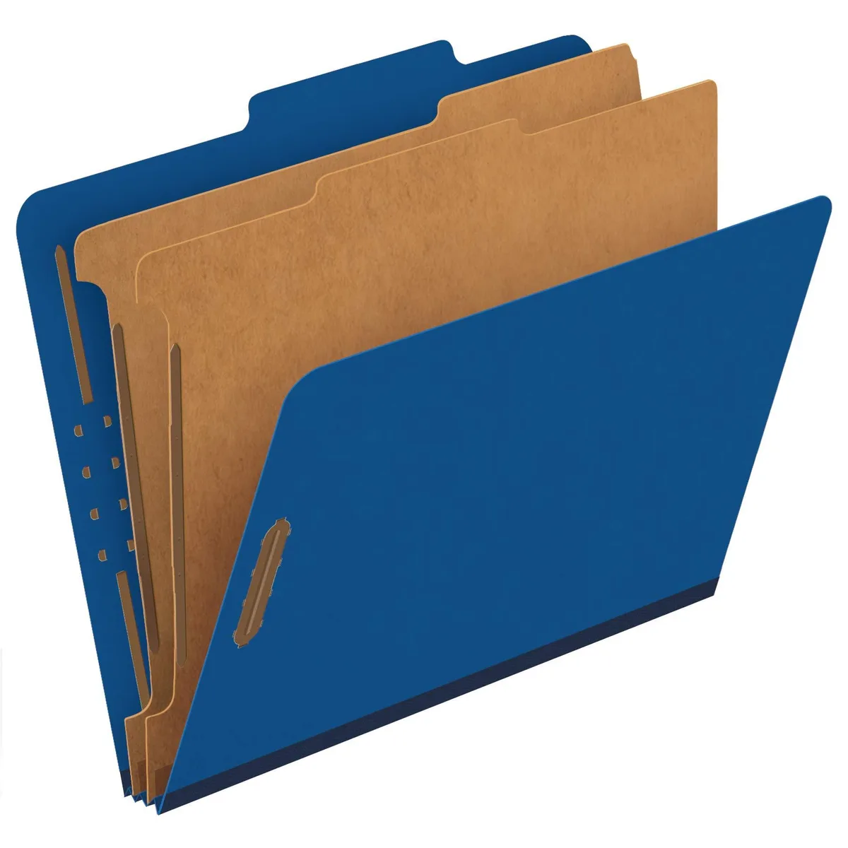 Ten dark blue pressboard classification folders with two dividers each