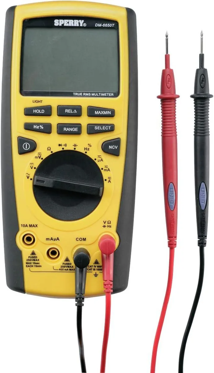 Yellow digital multimeter with rubber boot and backlit LCD display
