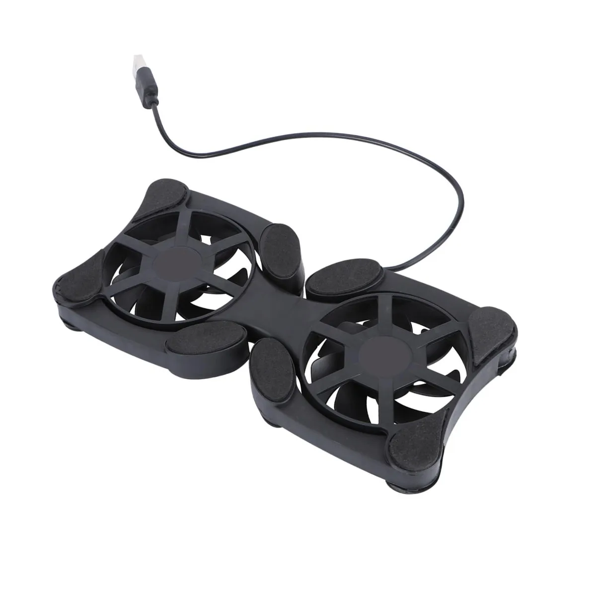 Flat rectangular ABS cooling pad with two USB fans and foldable legs, light grey finish