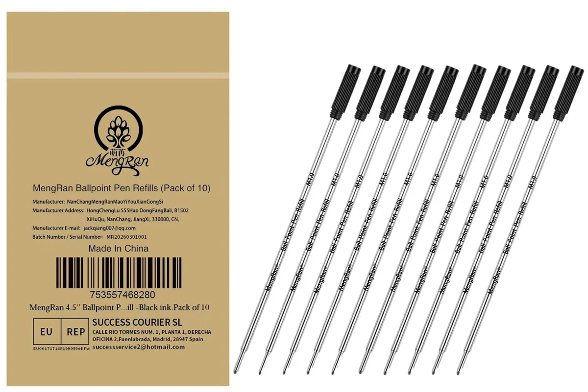 Ten black ballpoint refills with steel tips in a clear pack