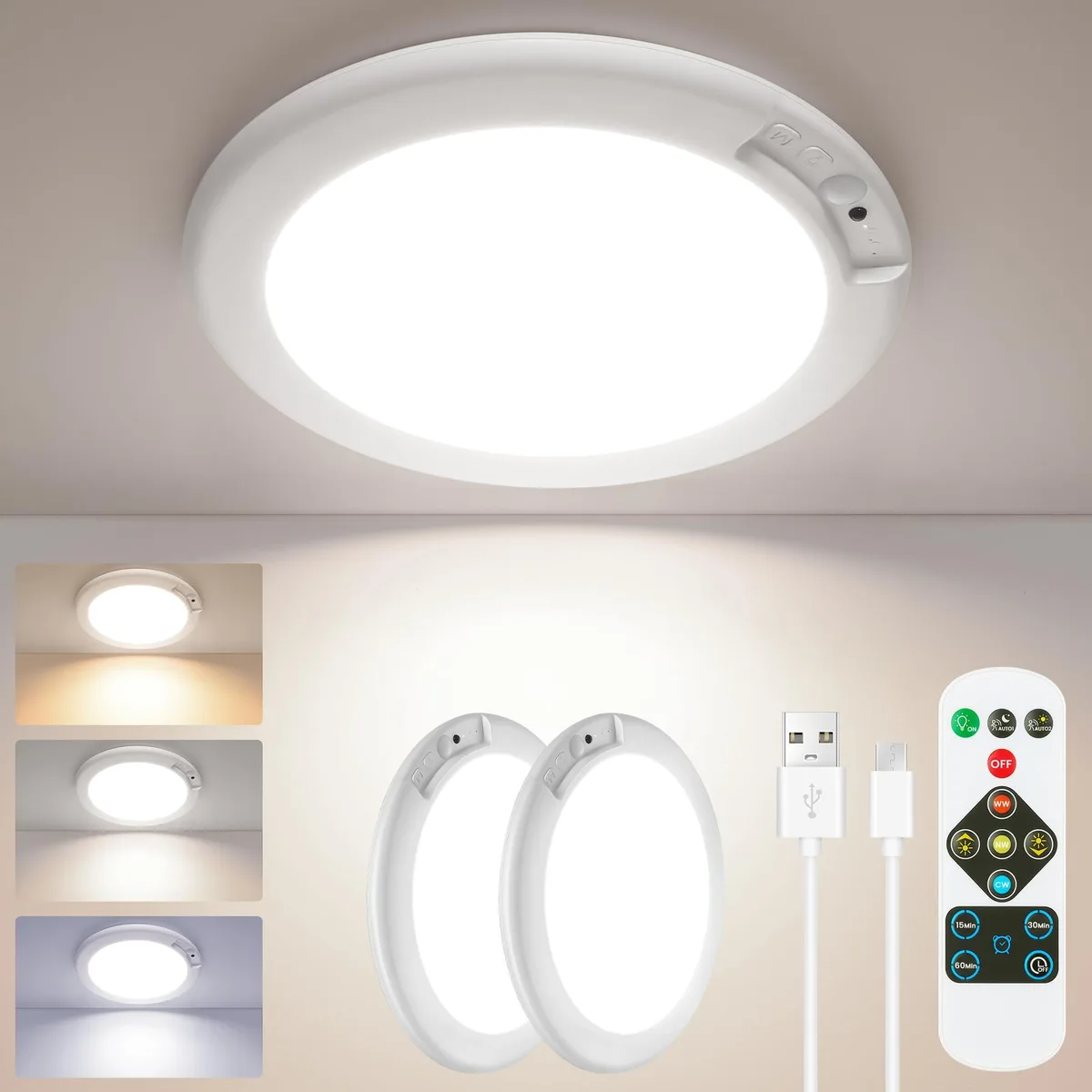 Two white flush-mount LED ceiling lights with clear prismatic acrylic lenses and magnetic mounting sheets